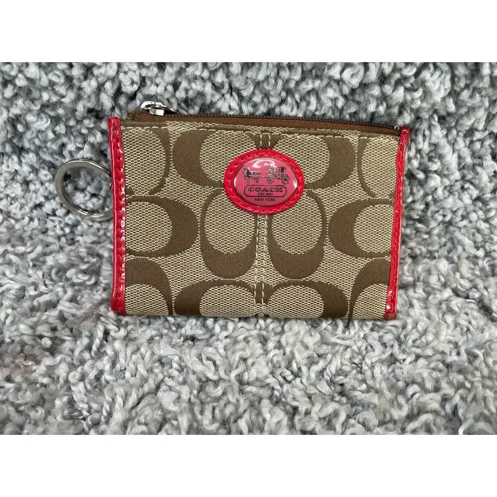 Coach Brown Tan Pink CC ID Holder Key Chain Keychain Jacquard Fabric